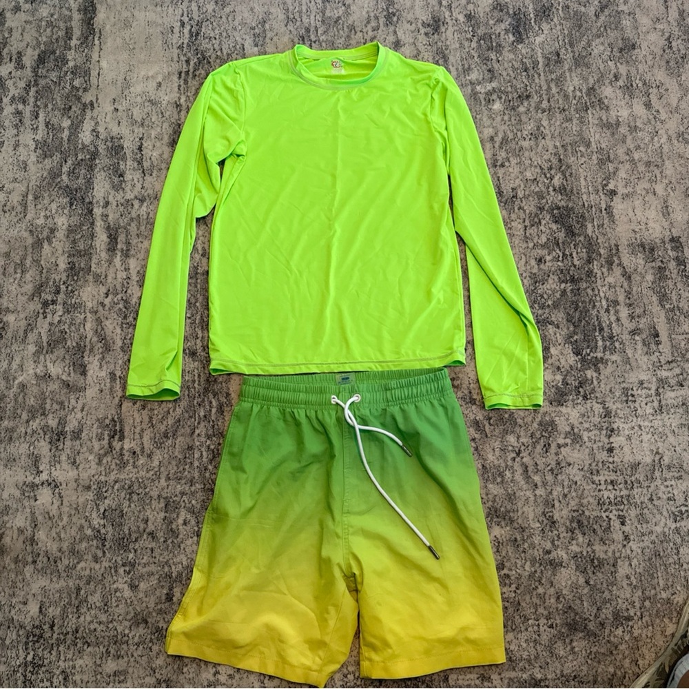 Neon Green Long Sleeve Rash Guard with Gradient Swim Shorts